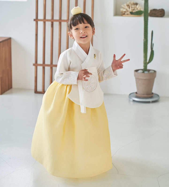 Hanbok Girl Baby Korea Traditional Clothing Set First Birthday Celebration Party 100th Birth Celebration 1-10 years Ivory Yellow