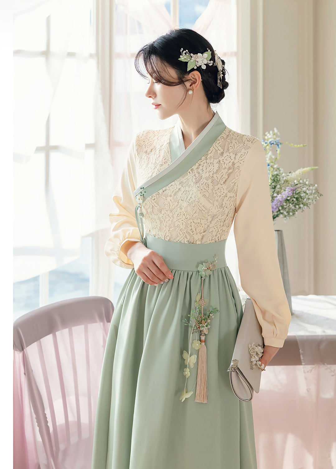 Woman Korean Modern Hanbok Lovely Ivory Lace Dress Fancy Casual Daily Clothing Fusion Hanbok Party CHD409