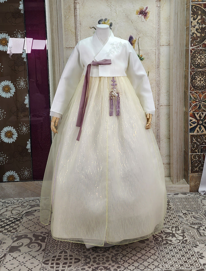 Korean Traditional Woman Personal Custom Hanbok Wedding Party Ceremony Ivory Yellow Beads Skirt Hanbok 317