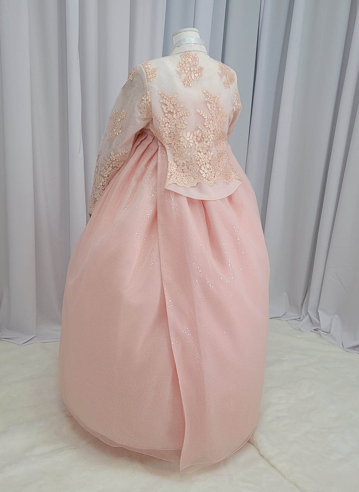 Korean Traditional Fancy Woman Personal Custom Hanbok Wedding Party Ceremony Mom Daughter Couple Look Pink Peach Lace Hanbok OSF138