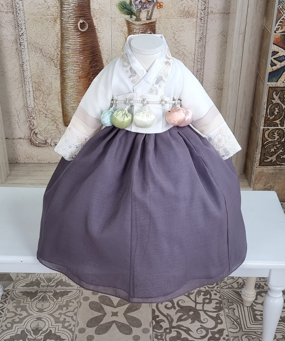 Hanbok Girl Baby Korea Traditional Clothing Set First Birthday Celebration Party 100th Birth Celebration 1 - 15 years White Embroidery Gray