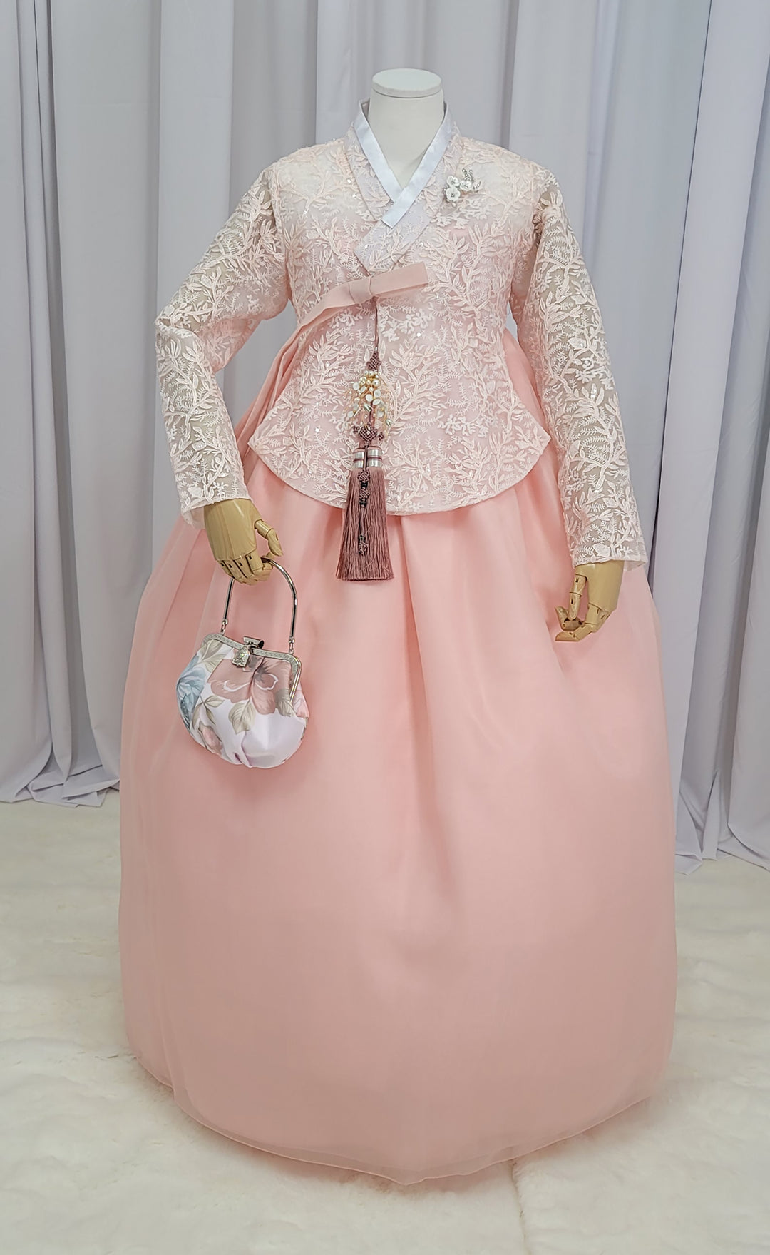 Korean Traditional Fancy Woman Personal Custom Hanbok Wedding Party Ceremony Mom Daughter Couple Look Pink Peach Lace Hanbok OSF136