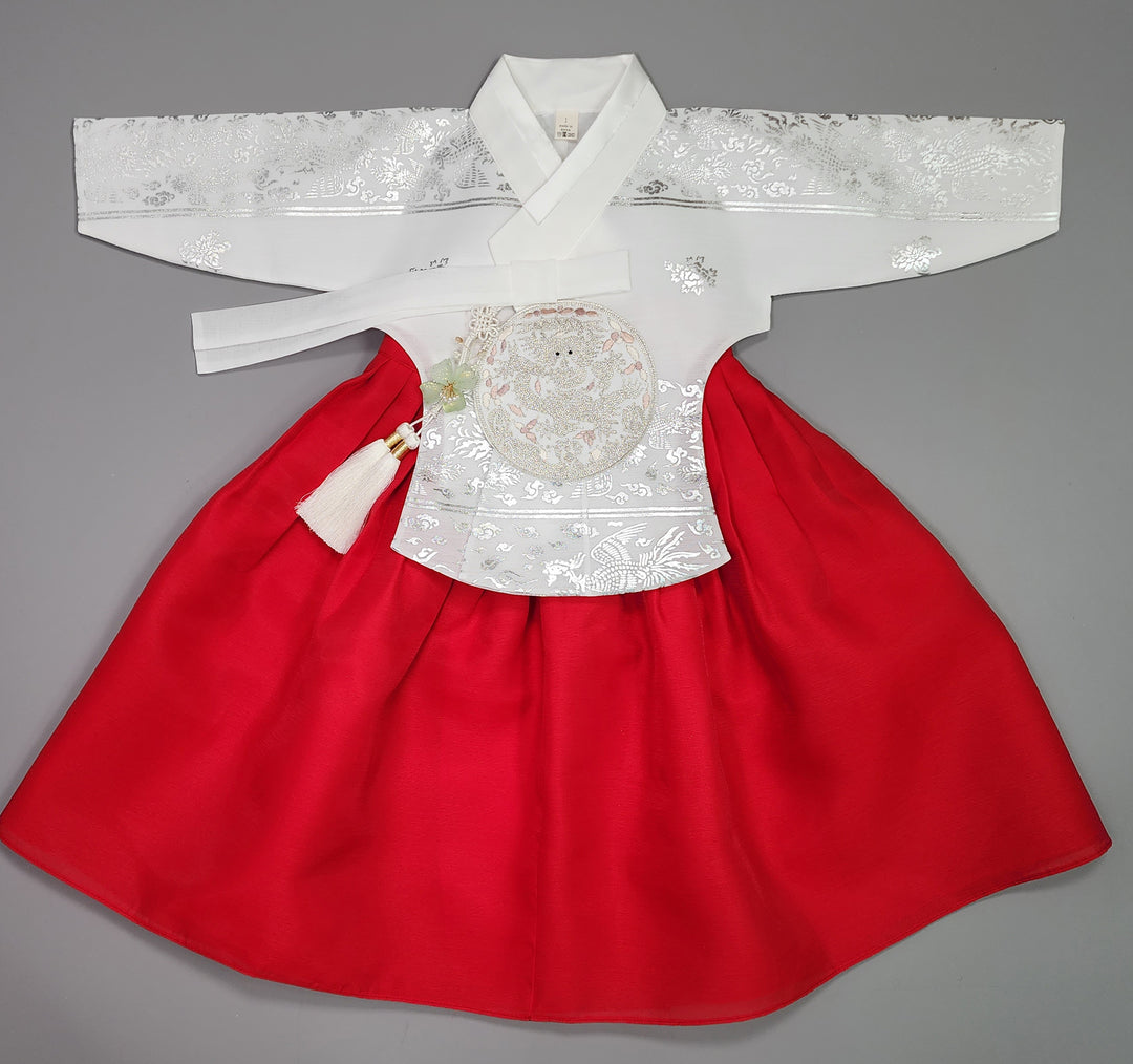 Hanbok Girl Baby Korea Traditional Clothing Set First Birthday Celebration Party Celebration 1–15 years Vivid Red Silver Print OSG326