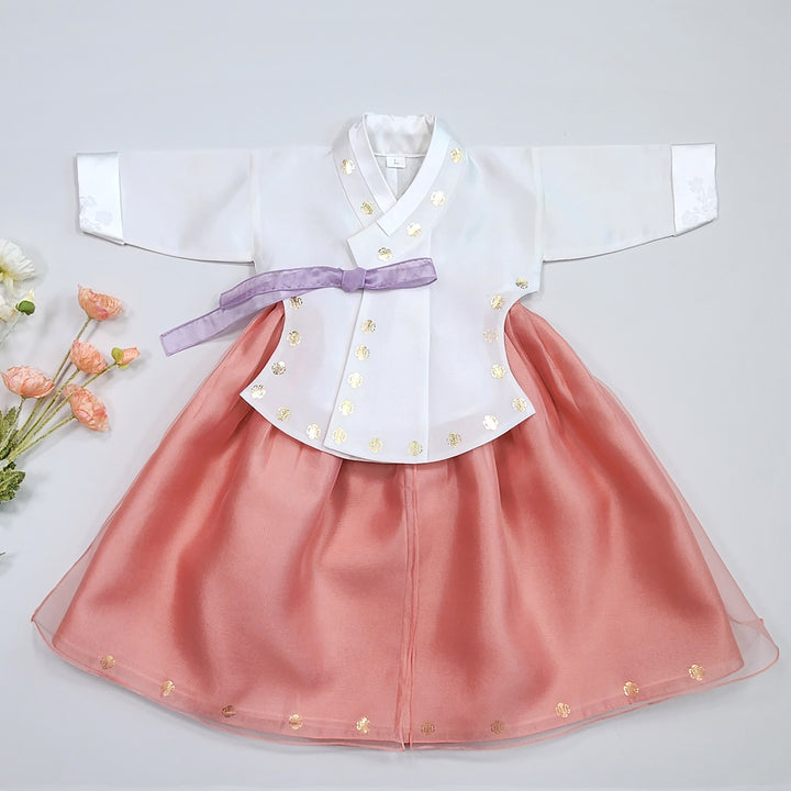 Korea Traditional Hanbok Twin Sister Girl Baby Peach Gold Print Baikil 1–10 Years 1st Birthday Party GOG209