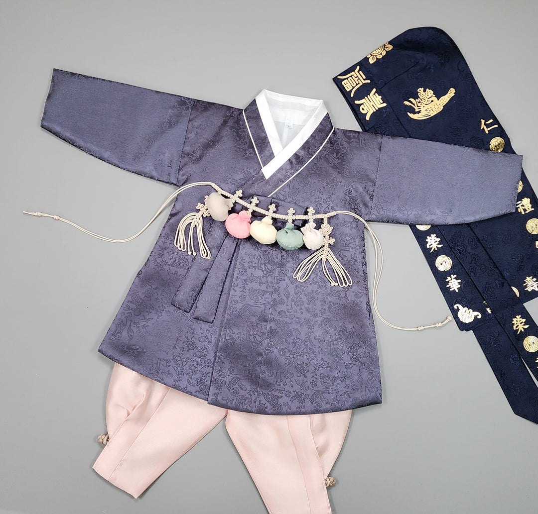 Korean Traditional Boy Baby Hanbok Dol Baikil Party Celebration 100 Days-8 Ages Oriental Silk Gray OSB164