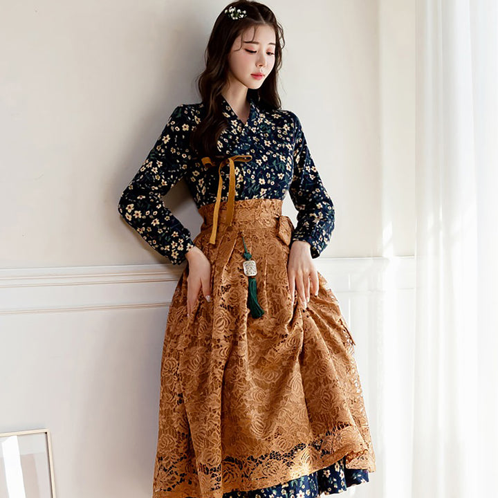 Korean Modern Hanbok Navy Fleece Dress Lace Wrapped Skirt Fancy Casual Daily Clothing Fusion Hanbok Party CHD319