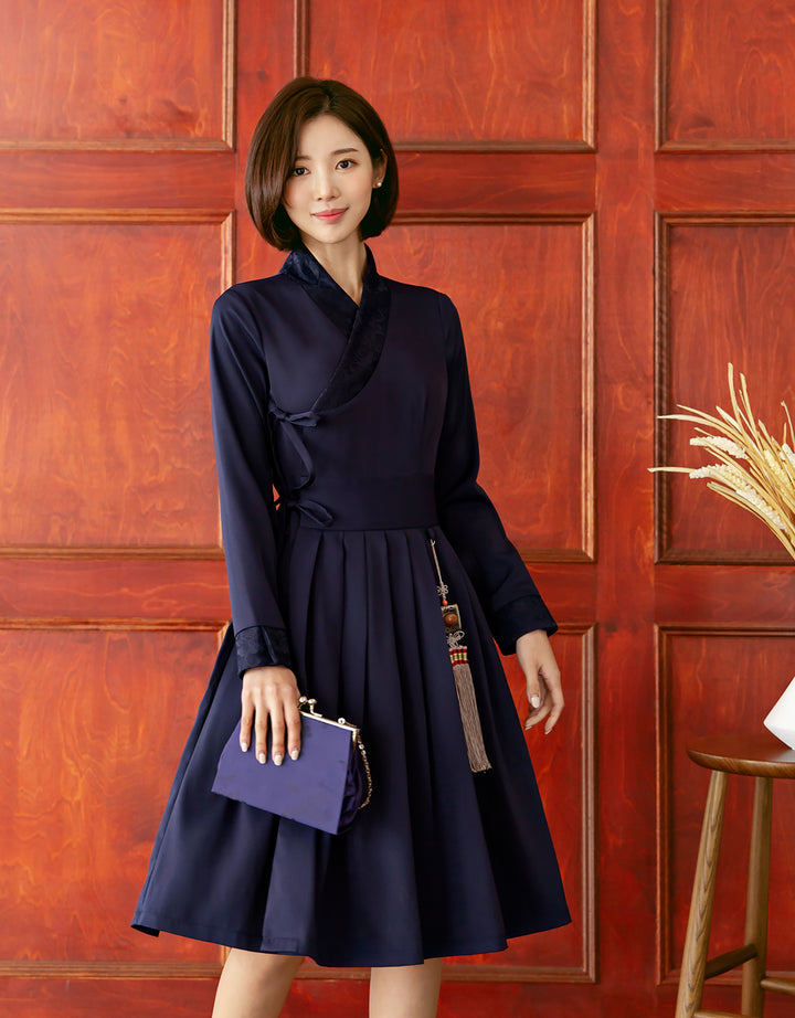 Korean Modern Hanbok Navy Dress Skirt Fancy Casual Daily Clothing Wrapped Design Fusion Hanbok CHD117