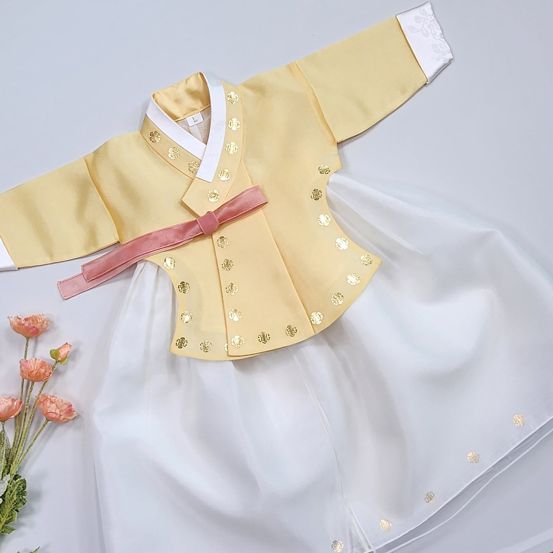 Korea Traditional Hanbok Girl Baby Yellow Gold Print Baikil 1–10 Years 1st Birthday Party GOG205