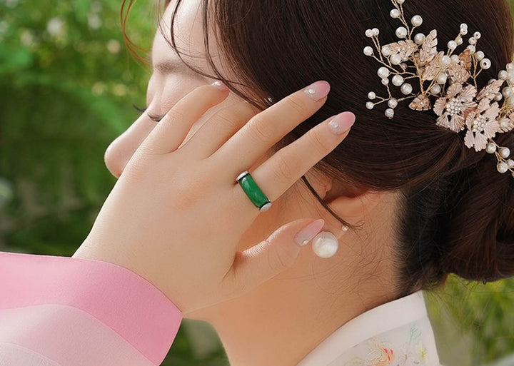 Korean Traditional Jade Ring Hanbok Accessory Item Adjustable Size Silver MR007