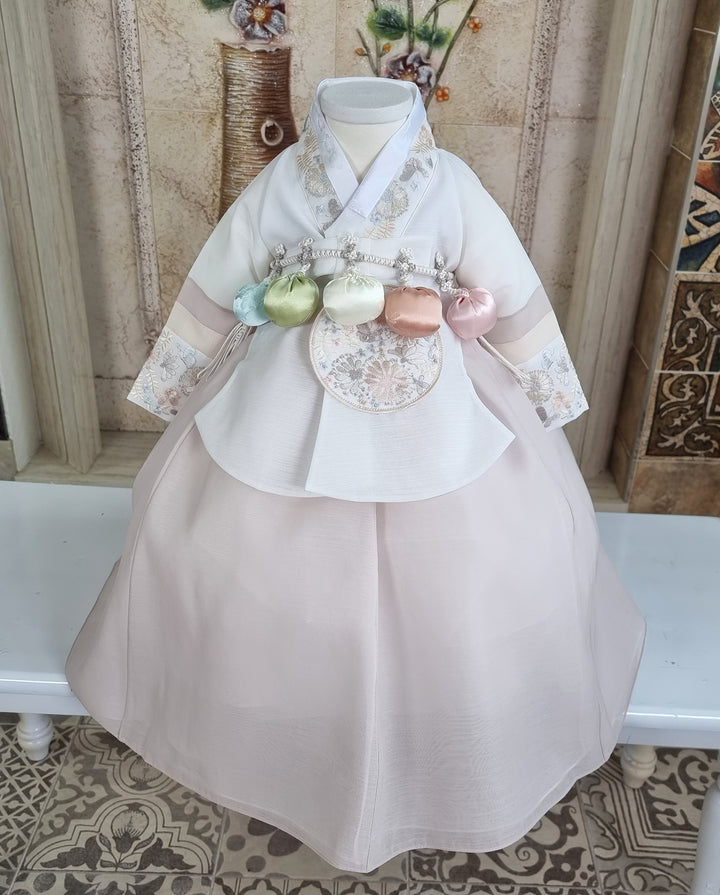 Hanbok Girl Baby Korea Traditional Clothing Set First Birthday Celebration Party 100th Birth Celebration 1 - 15 years White Embroidery Beige