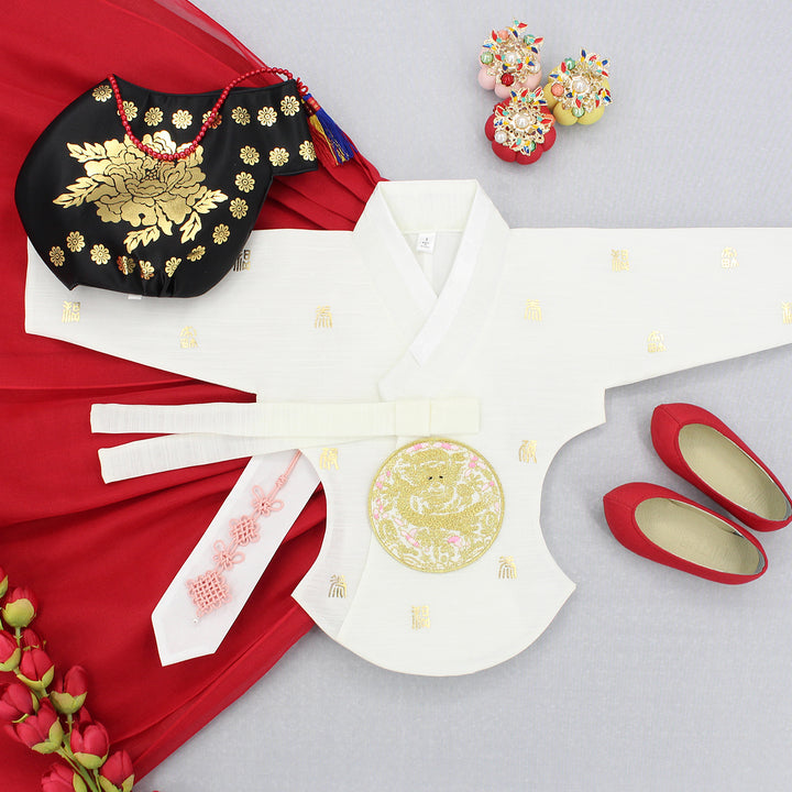 Hanbok Girl Baby Korea Traditional Clothing Set First Birthday Celebration Party 1–6 years 100th days Ivory Red Gold Print DGH122