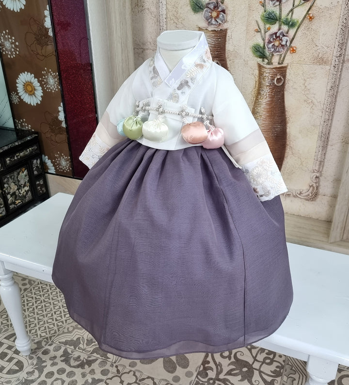 Hanbok Girl Baby Korea Traditional Clothing Set First Birthday Celebration Party 100th Birth Celebration 1 - 15 years White Embroidery Gray