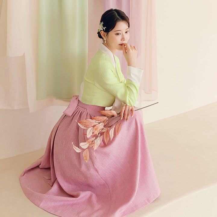 Woman Korean Modern Hanbok Pink Dress Light Green Jacket Fancy Casual Daily Clothing Fusion Hanbok Party CHD406