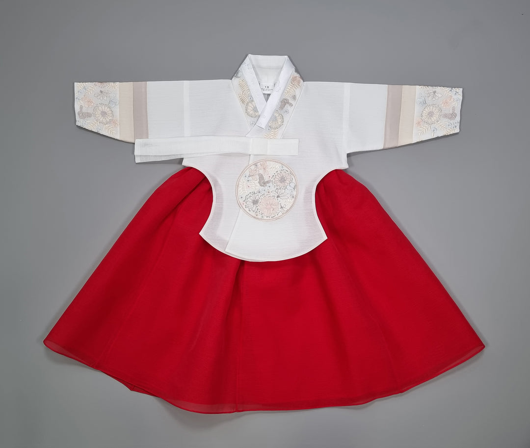 Hanbok Girl Baby Korea Traditional Clothing Set First Birthday Celebration Party 100th Birth Celebration 1–15 years White Embroidery Red HG157