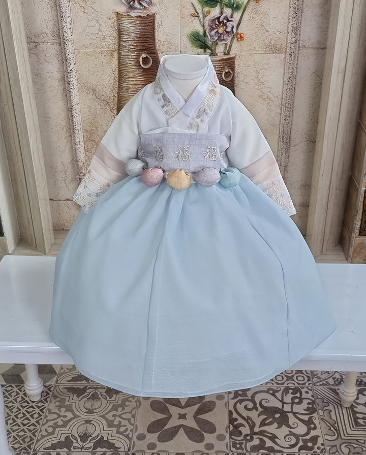 Hanbok Girl Baby Korea Traditional Clothing Set First Birthday Celebration Party 100th Birth Celebration 1 - 15 years White Embroidery Blue