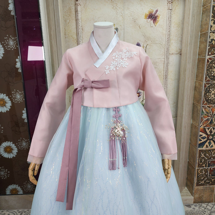 Korean Traditional Woman Personal Custom Hanbok Wedding Party Ceremony Pink Blue Beads Skirt Hanbok 142