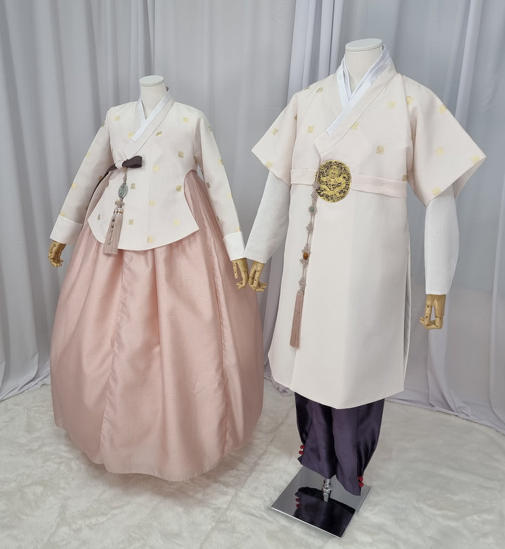 Korean Traditional Woman Man Couple Personal Custom Hanbo Wedding Party Ceremony Ivory Gold Print Hanbok OSF141