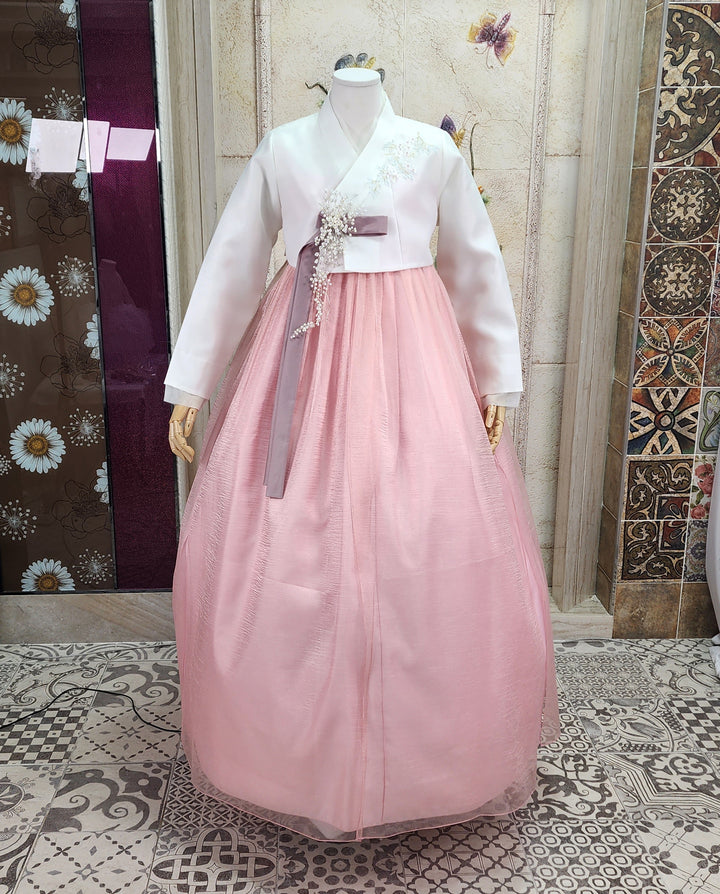 Korean Traditional Woman Personal Custom Hanbok Wedding Party Ceremony Ivory Peach Skirt Hanbok 145