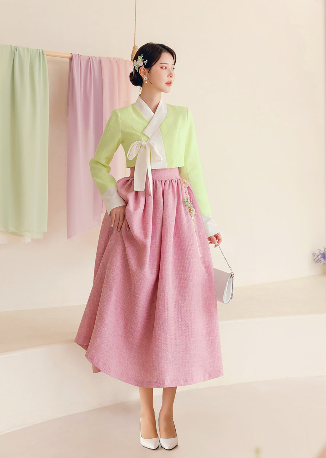 Woman Korean Modern Hanbok Pink Dress Light Green Jacket Fancy Casual Daily Clothing Fusion Hanbok Party CHD406