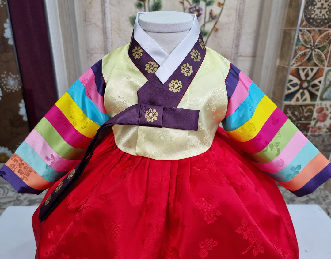 Korean Traditioanl Baby Girl Hanbok Clothing 1 Age Dol Party Celebration Light Yellow Red