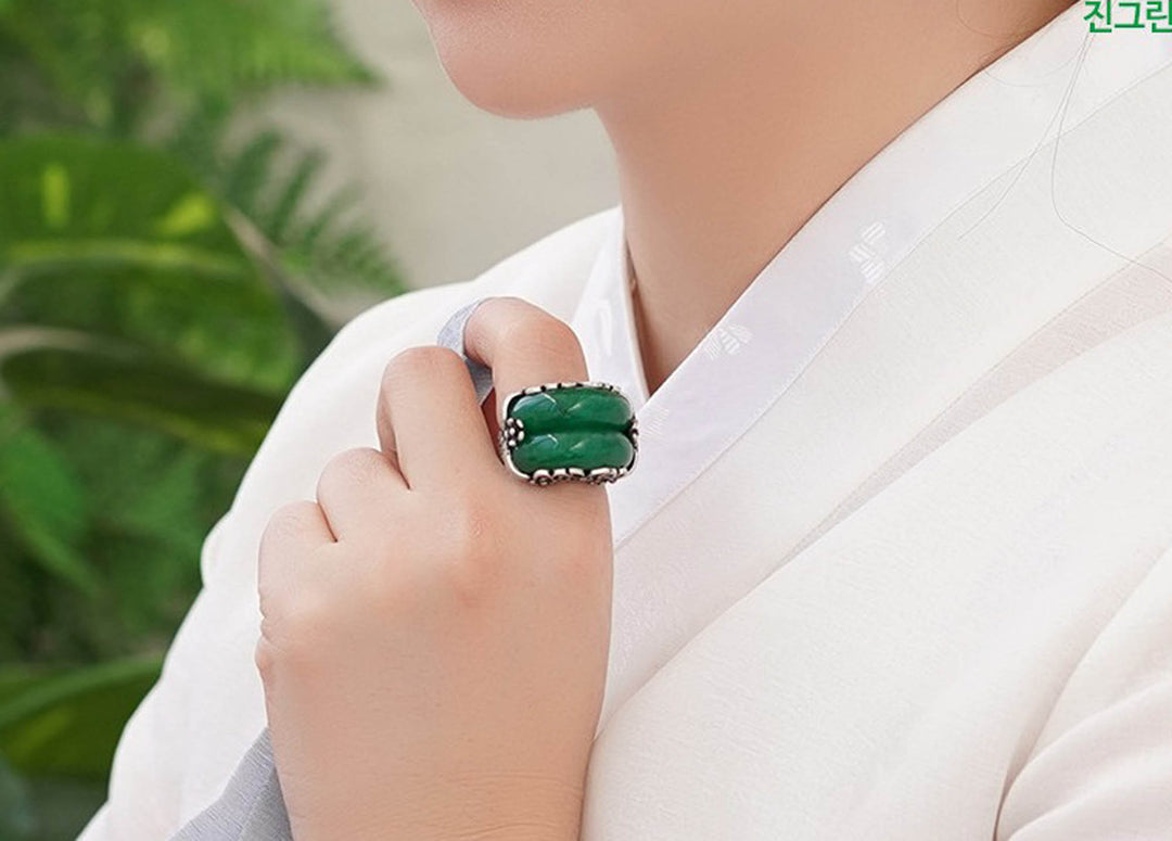 Korean Traditional Jade Ring Hanbok Accessory Item Adjustable Size Silver MR004