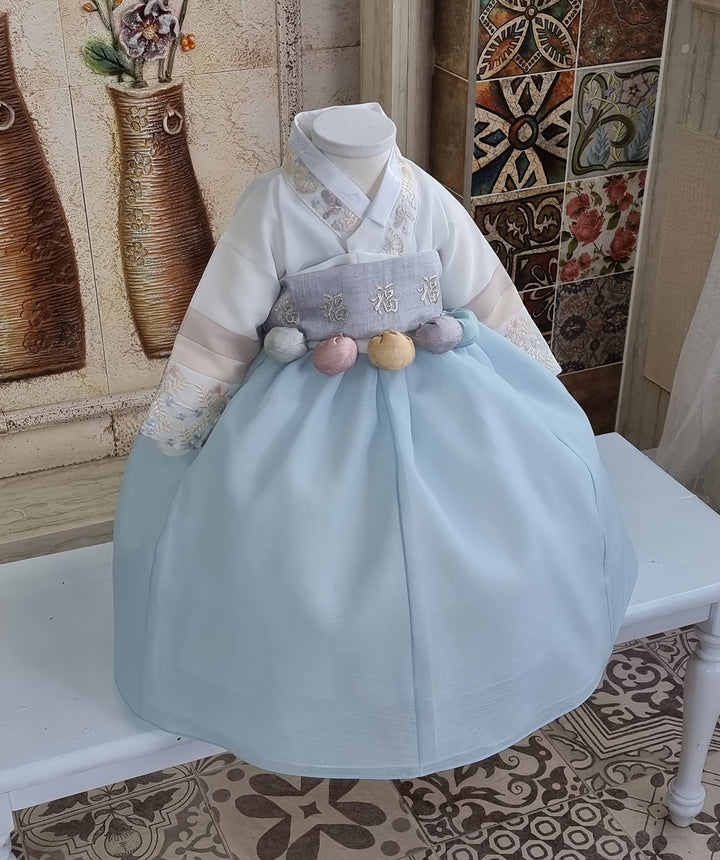 Hanbok Girl Baby Korea Traditional Clothing Set First Birthday Celebration Party 100th Birth Celebration 1 - 15 years White Embroidery Blue