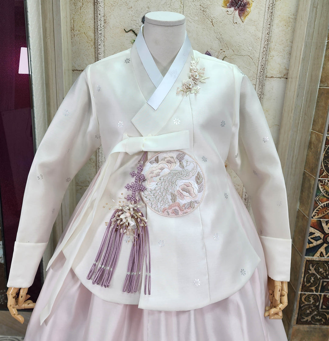 Korean Traditional Woman Personal Custom Hanbok Wedding Party Ceremony Ivory Embroidery Light Pink Skirt Mom Grandmom Hanbok 149