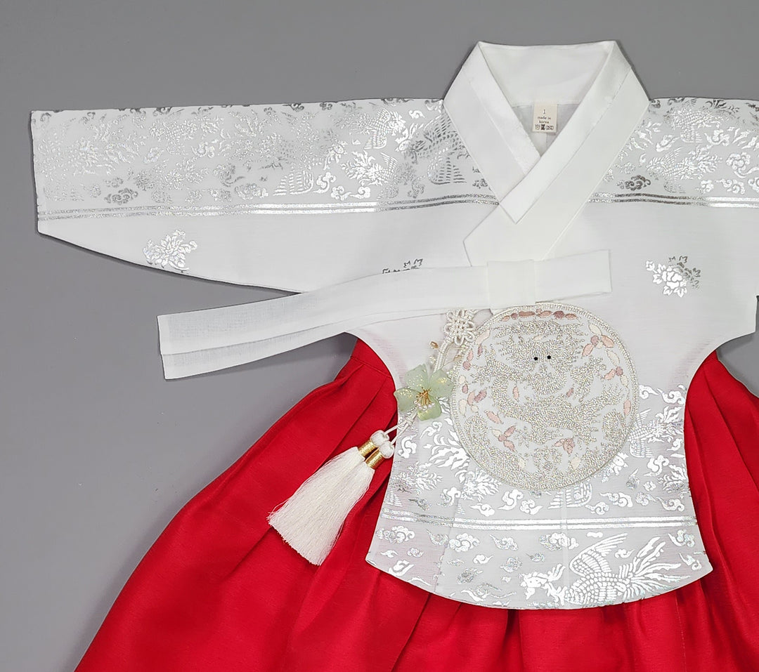 Hanbok Girl Baby Korea Traditional Clothing Set First Birthday Celebration Party Celebration 1–15 years Vivid Red Silver Print OSG326