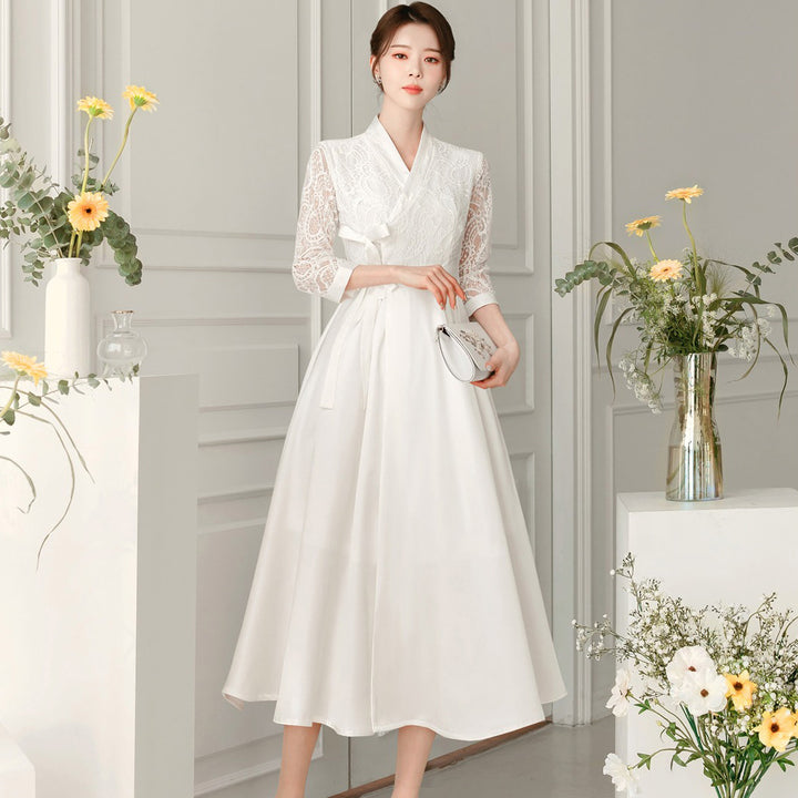 Woman Korean Modern Hanbok White Lace Lovely Wedding Dress Fancy Casual Daily Clothing Fusion Hanbok Party CHD412