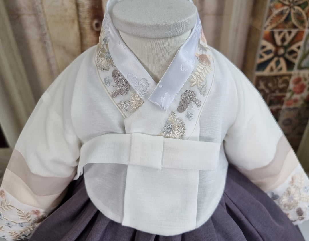 Hanbok Girl Baby Korea Traditional Clothing Set First Birthday Celebration Party 100th Birth Celebration 1 - 15 years White Embroidery Gray