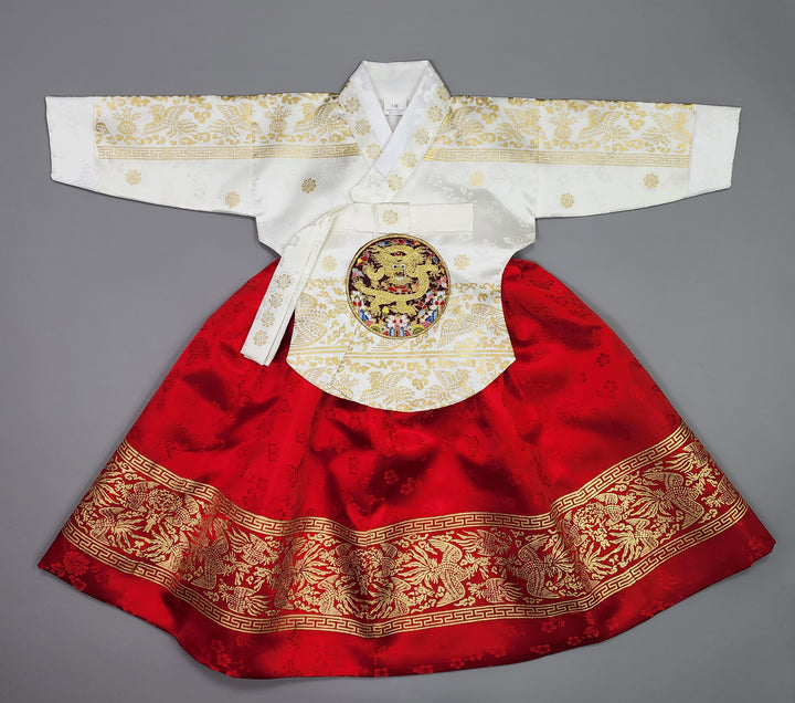 Hanbok Girl Baby Korea Traditional Clothing Set First Birthday Celebration Party Celebration 1–10 Years White Red Skirt Gold Print HG132