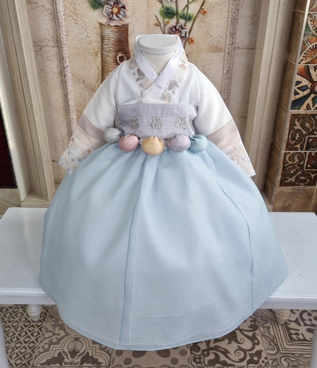 Hanbok Girl Baby Korea Traditional Clothing Set First Birthday Celebration Party 100th Birth Celebration 1 - 15 years White Embroidery Blue