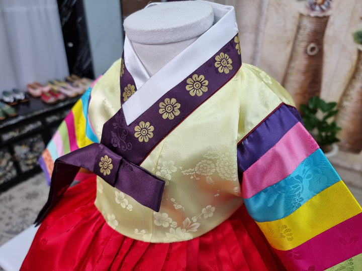 Korean Traditioanl Baby Girl Hanbok Clothing 1 Age Dol Party Celebration Light Yellow Red