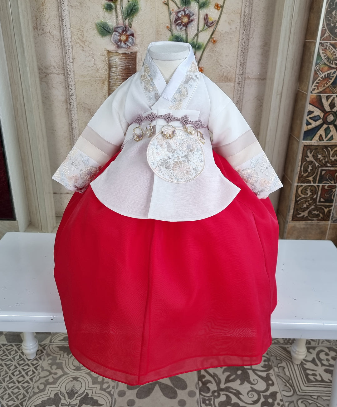 Hanbok Girl Baby Korea Traditional Clothing Set First Birthday Celebration Party 100th Birth Celebration 1–15 years White Embroidery Red HG157