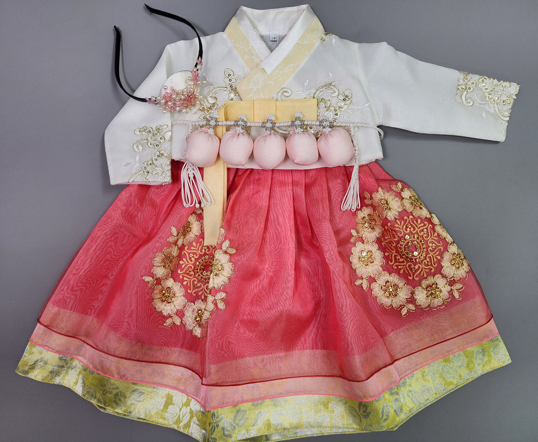 Hanbok Dress&nbsp;Girl Baby Korea Traditional Clothing Set First Birthday Celebration Party 1–10 years Beads Flower OSG141