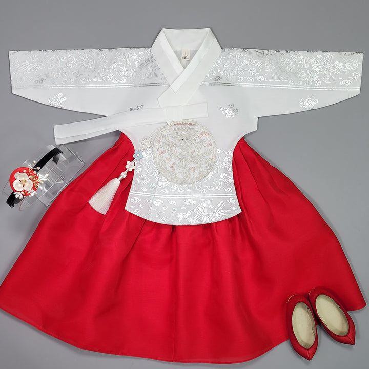 Hanbok Girl Baby Korea Traditional Clothing Set First Birthday Celebration Party Celebration 1–15 years Vivid Red Silver Print OSG326