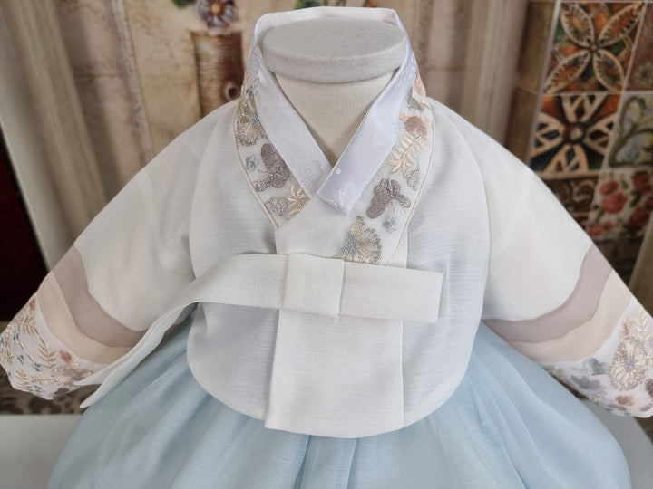 Hanbok Girl Baby Korea Traditional Clothing Set First Birthday Celebration Party 100th Birth Celebration 1 - 15 years White Embroidery Blue