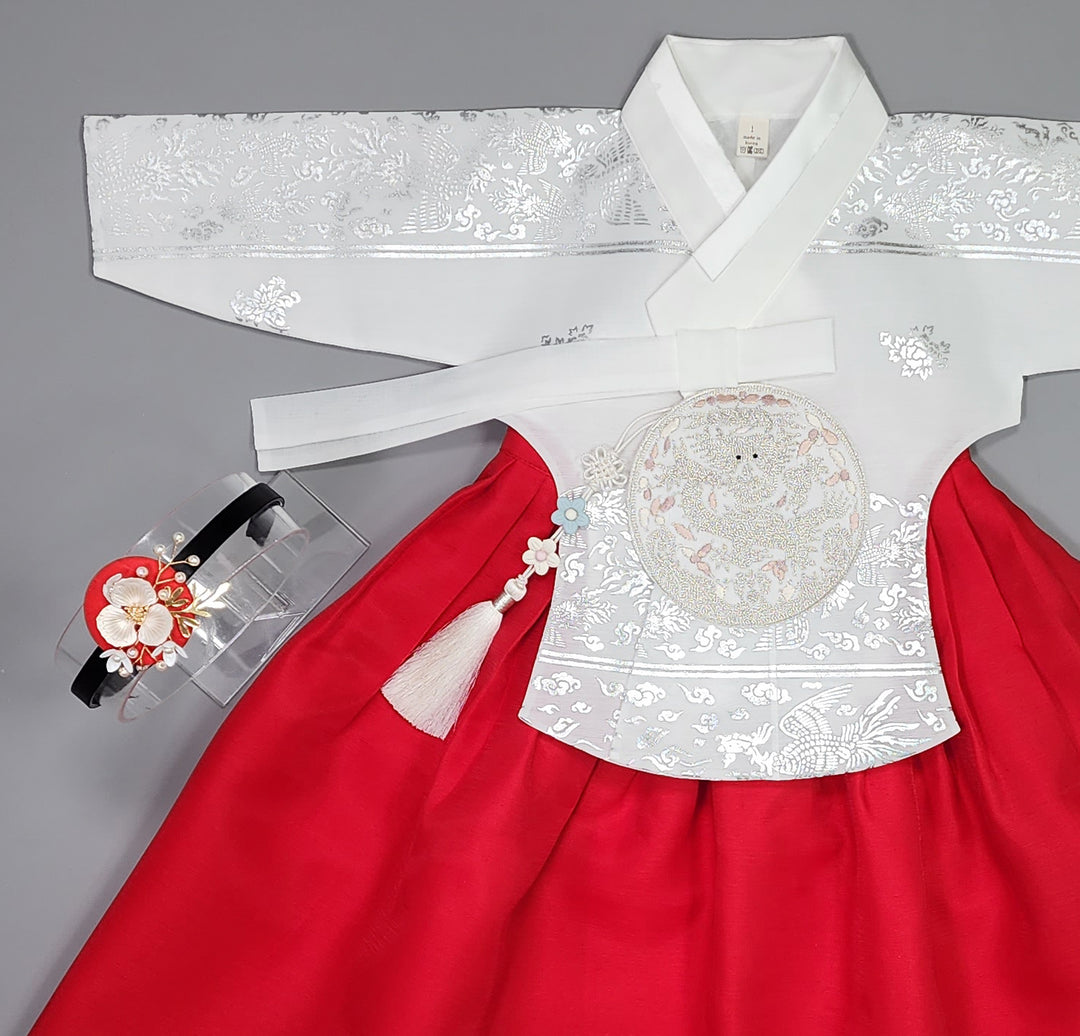 Hanbok Girl Baby Korea Traditional Clothing Set First Birthday Celebration Party Celebration 1–15 years Vivid Red Silver Print OSG326