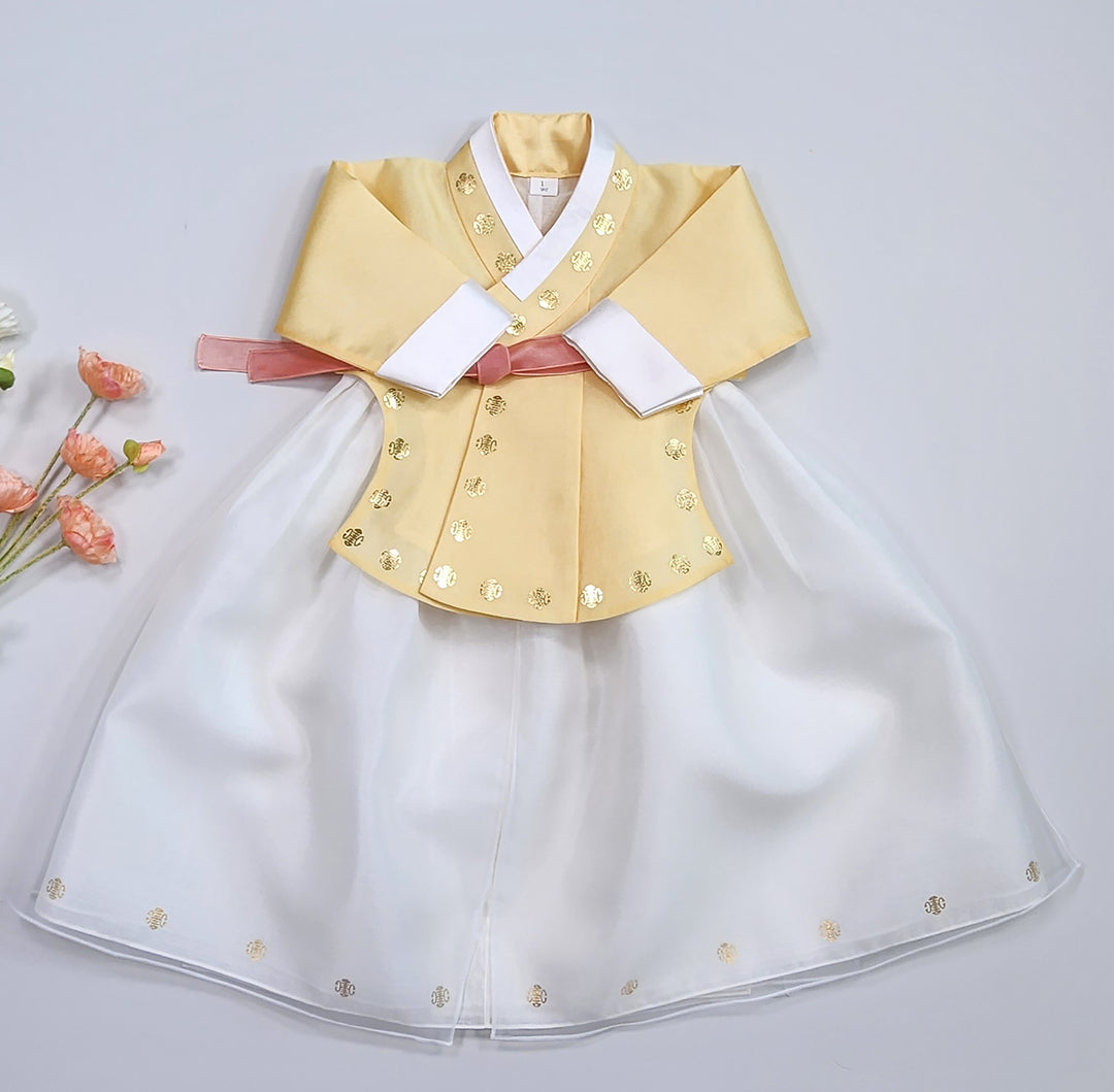 Korea Traditional Hanbok Girl Baby Yellow Gold Print Baikil 1–10 Years 1st Birthday Party GOG205