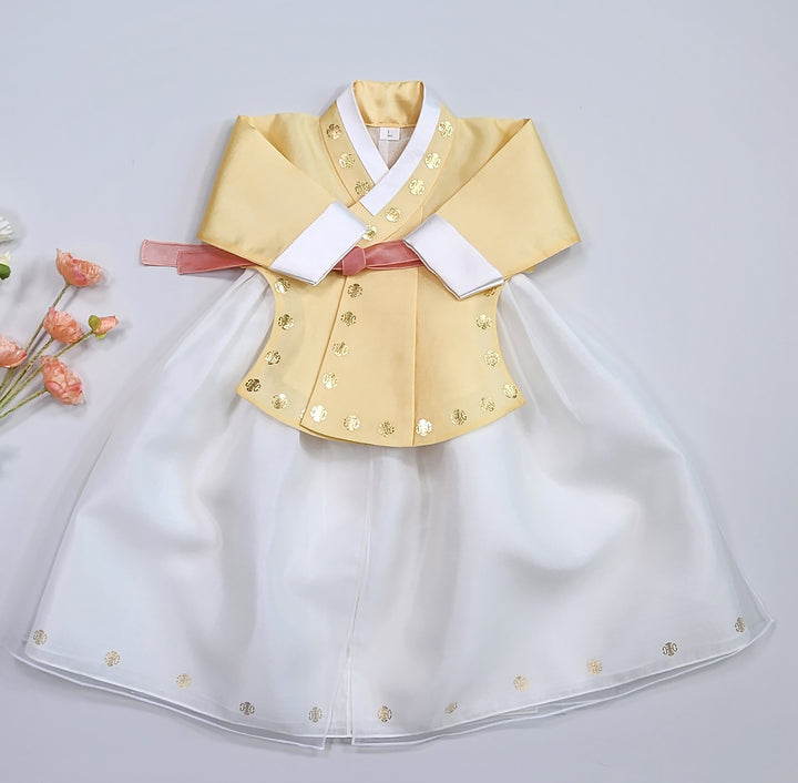 Korea Traditional Hanbok Girl Baby Yellow Gold Print Baikil 1–10 Years 1st Birthday Party GOG205