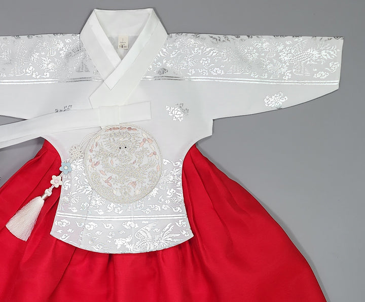 Hanbok Girl Baby Korea Traditional Clothing Set First Birthday Celebration Party Celebration 1–15 years Vivid Red Silver Print OSG326