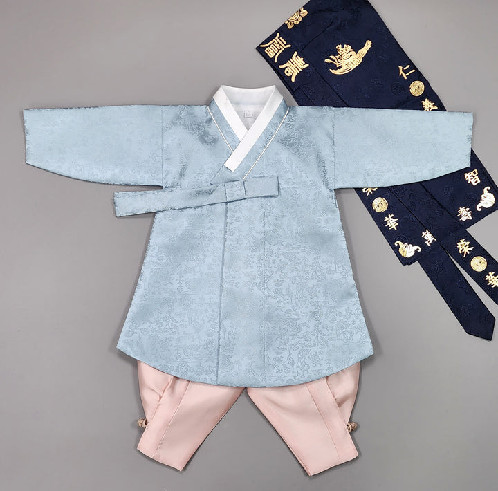 Korean Traditional Boy Baby Hanbok Dol Baikil Party Celebration 100 Days-8 Ages Oriental Silk Sky Blue OSB162