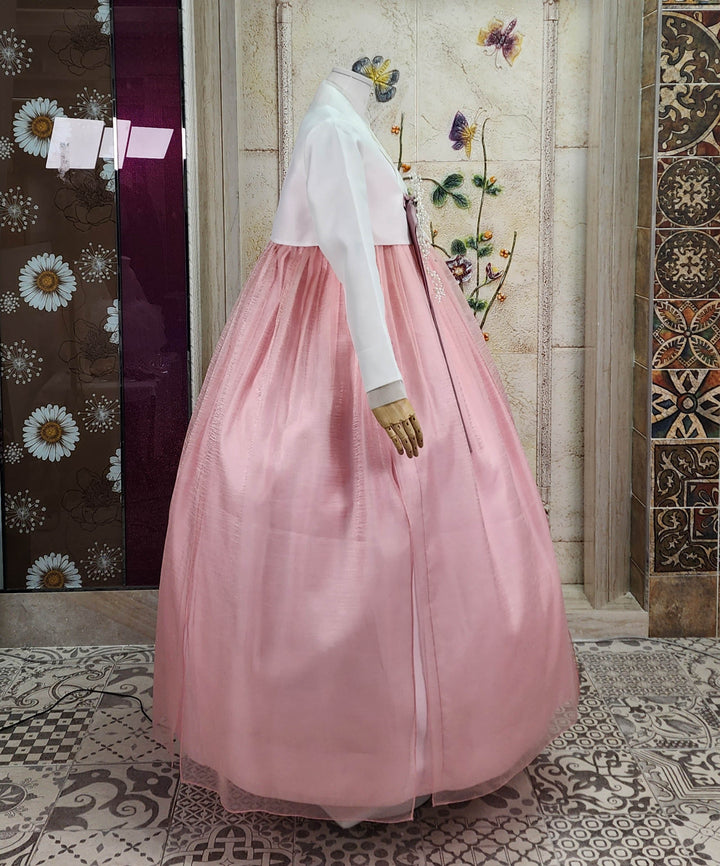 Korean Traditional Woman Personal Custom Hanbok Wedding Party Ceremony Ivory Peach Skirt Hanbok 145