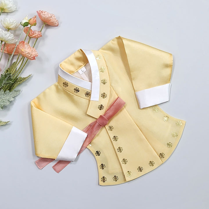 Korea Traditional Hanbok Girl Baby Yellow Gold Print Baikil 1–10 Years 1st Birthday Party GOG205