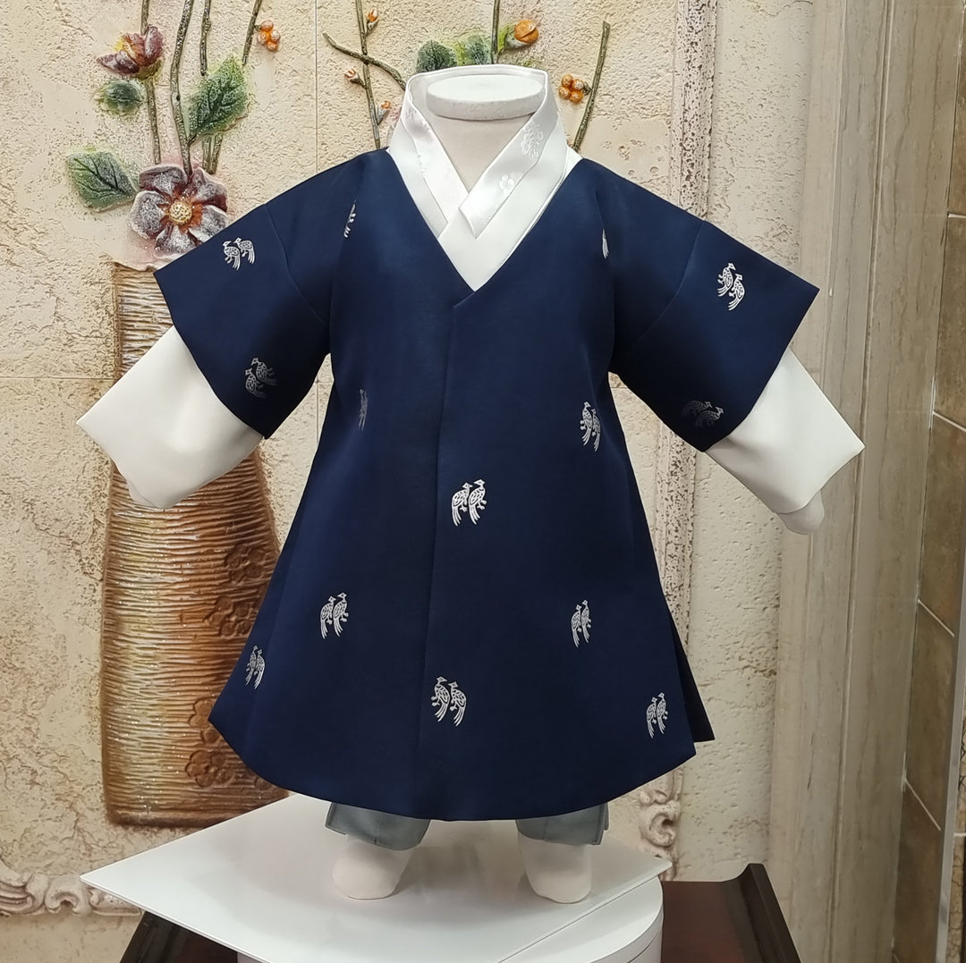 Korean Traditional Boy Baby Hanbok Dol Baikil Party Celebration 100th-10 Ages ㅠBird Silver Print HGB112