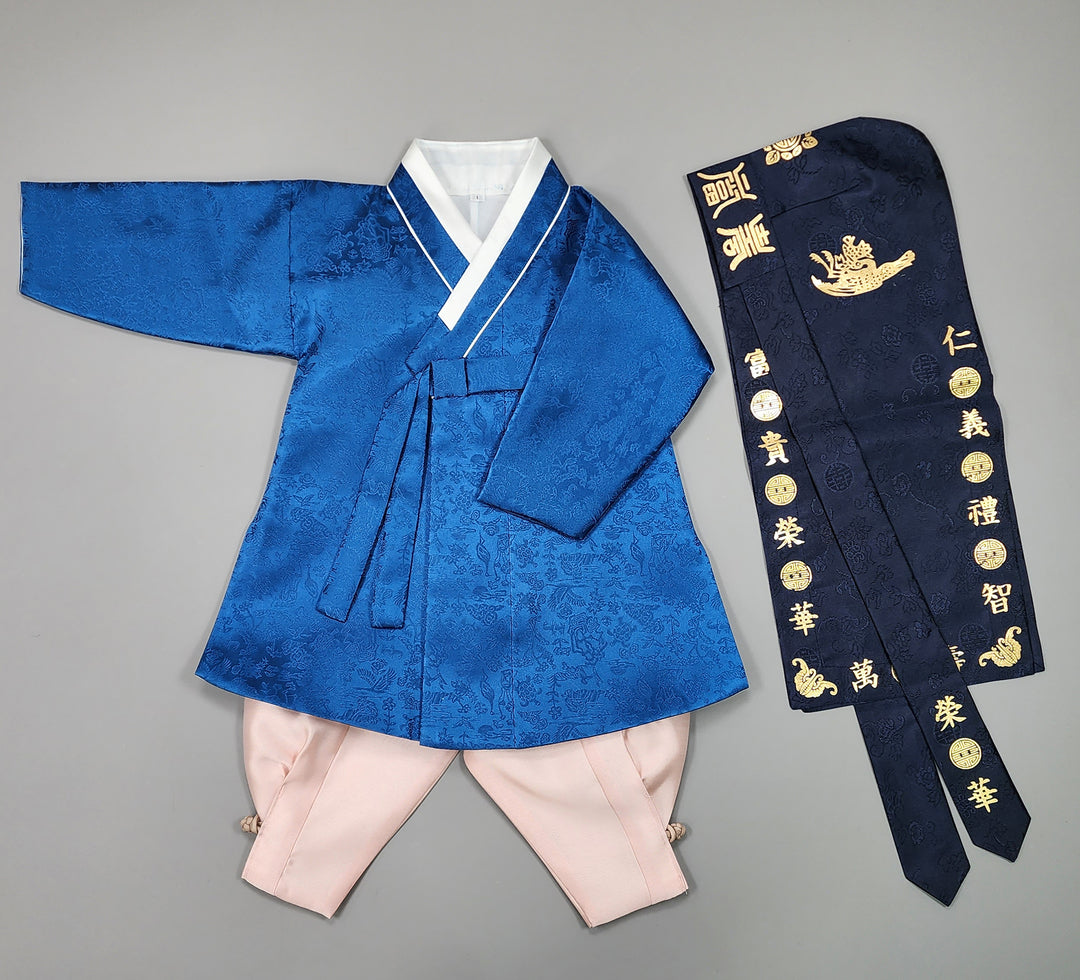 Korean Traditional Boy Baby Hanbok Dol Baikil Party Celebration 100 Days-8 Ages Oriental Silk Dark Blue OSB163