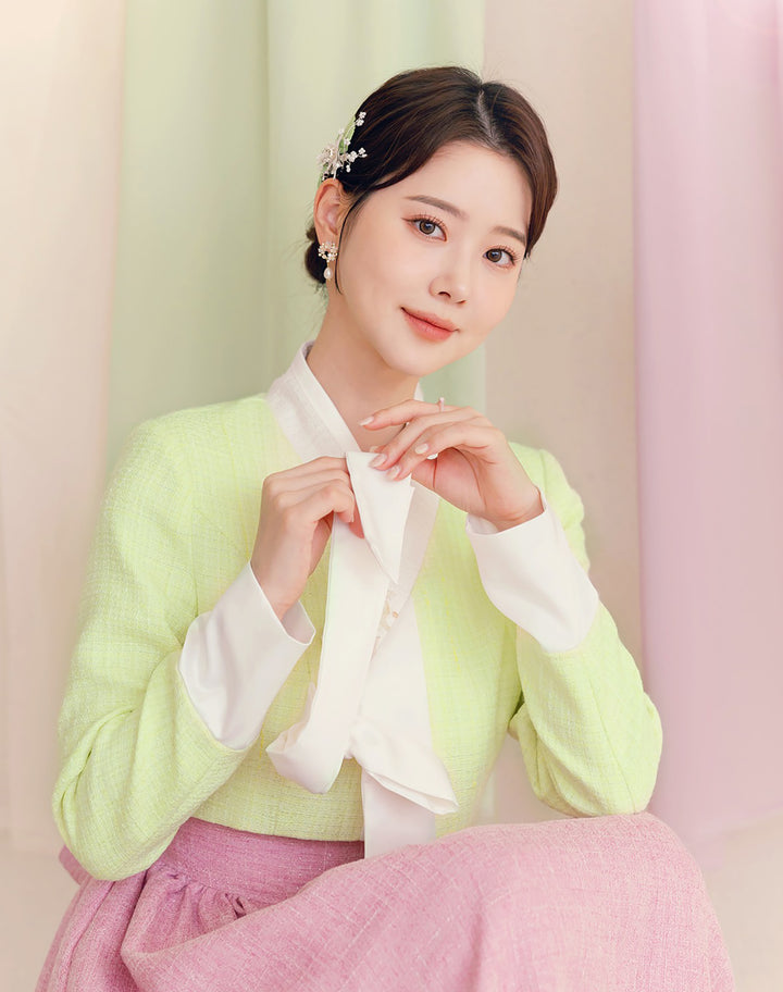 Woman Korean Modern Hanbok Pink Dress Light Green Jacket Fancy Casual Daily Clothing Fusion Hanbok Party CHD406