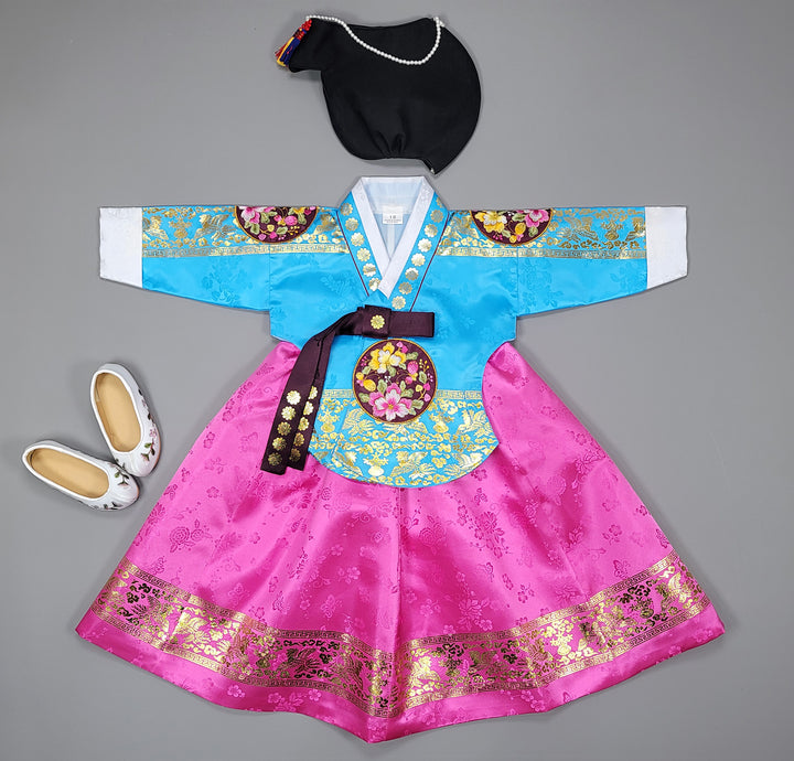 Hanbok Dress Girl Baby Korea Traditional Clothing Set First Birthday Celebration Party 100th Birth1–15 years Gold Print HG150