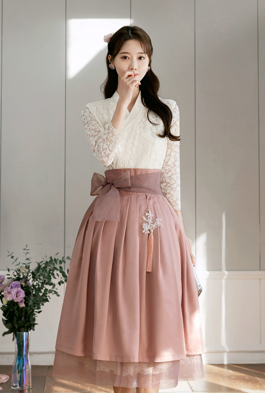 Korean Modern Hanbok Ivory Lace Dress Fancy Casual Daily Clothing Fusion Hanbok CHD212