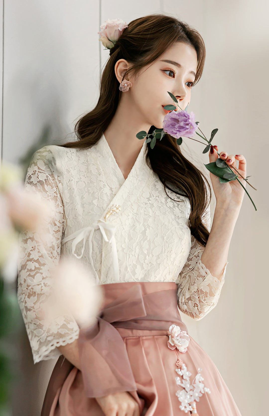 Korean Modern Hanbok Ivory Lace Dress Fancy Casual Daily Clothing Fusion Hanbok CHD212